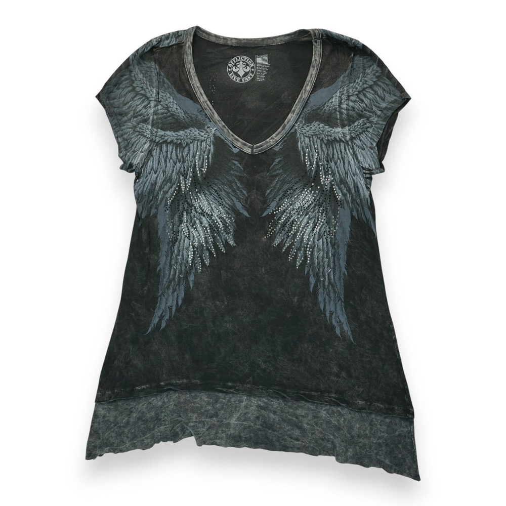 AFFLICTION Women's T-Shirt With‎ Angel Wings & Rhinestones EUC Size XL Vintage